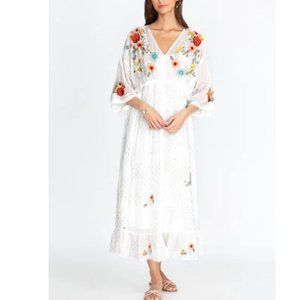 Johnny Was Floral Embroidered White Maxi Dress with Slip Sz-L
